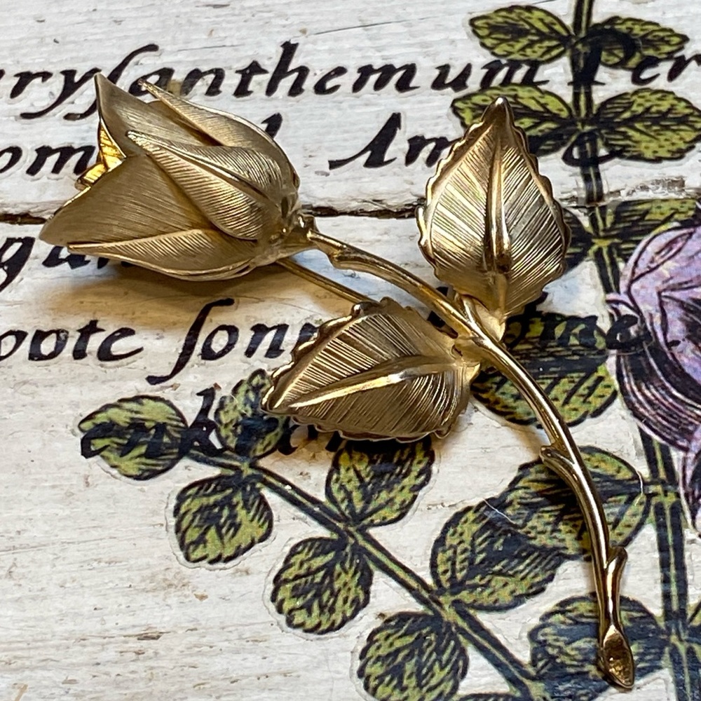 Vintage Gold Tone Rose Pin Brooch Brushed Leaves by Giovanni